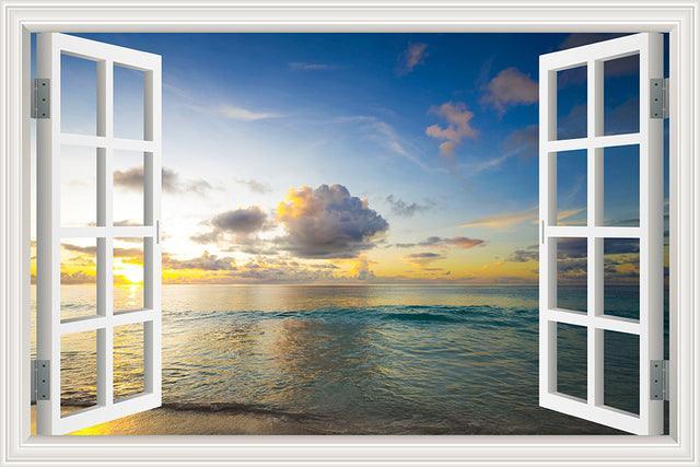 Blue Sky And Sea 3D Window Canvas Wall Art-Original Frame