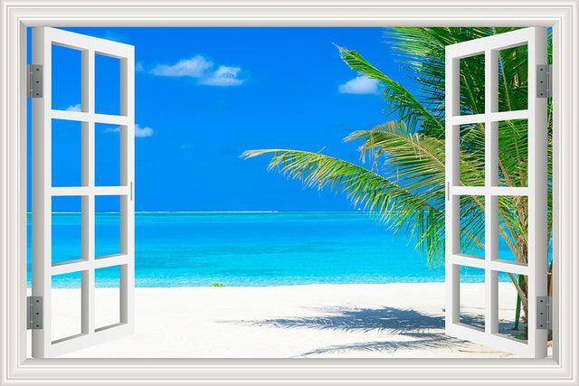 Blue Sky And Sea 3D Window Canvas Wall Art-Original Frame