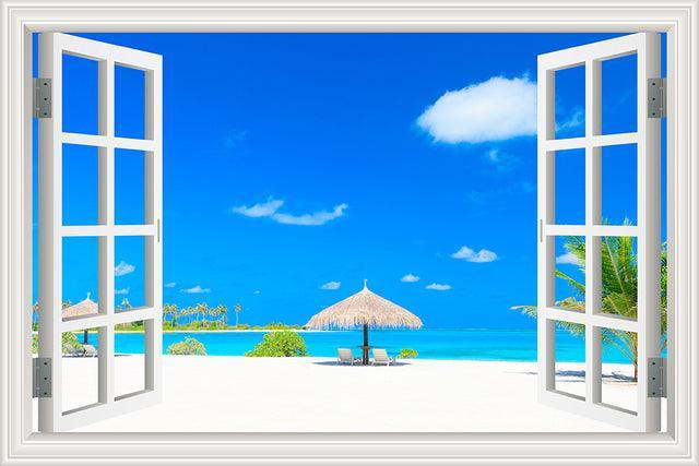 Blue Sky And Sea 3D Window Canvas Wall Art-Original Frame