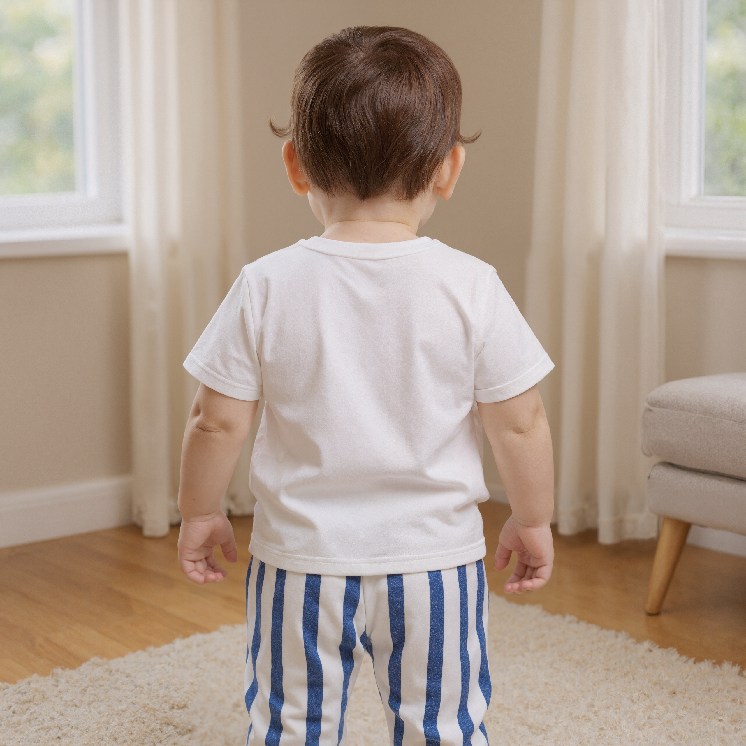 Baby Blue Fish Print Vertical Striped 2 Piece Outfit Set