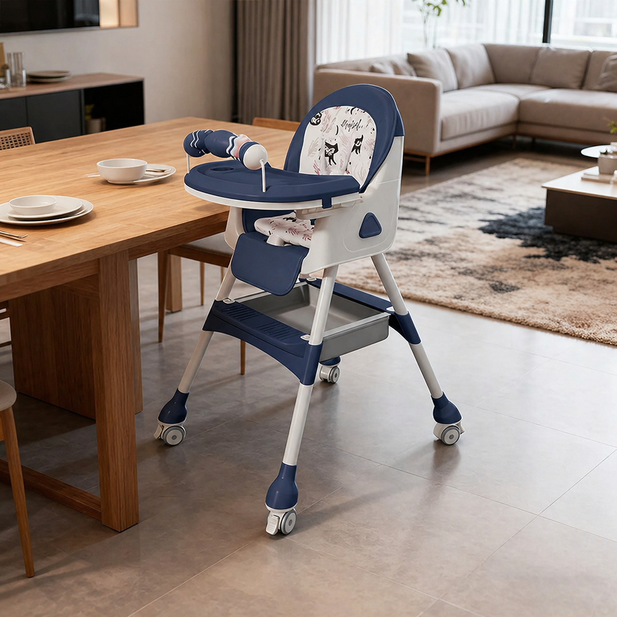 Foldable Adjustable Recline Footrest High Chair With Double Tray And Locking Wheels Gift For Kids