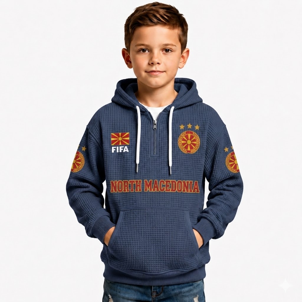 FIFA 2026 North Macedonia Printed Waffle Quarter Zip Football Fan Hoodie For Kids