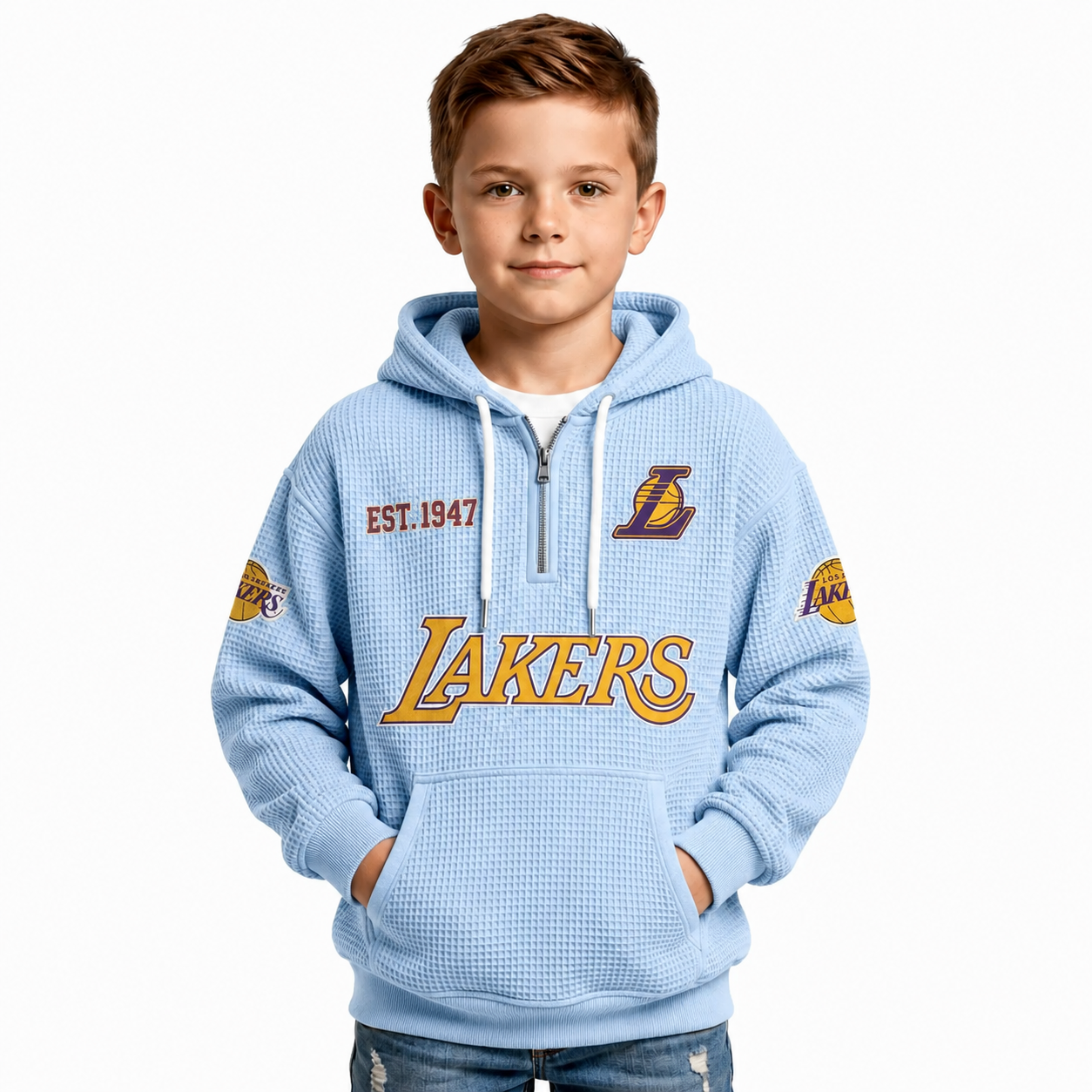Los Angeles Lakers EST 1947 Printed Waffle Quarter Zip Basketball Fan Hoodie For Kids