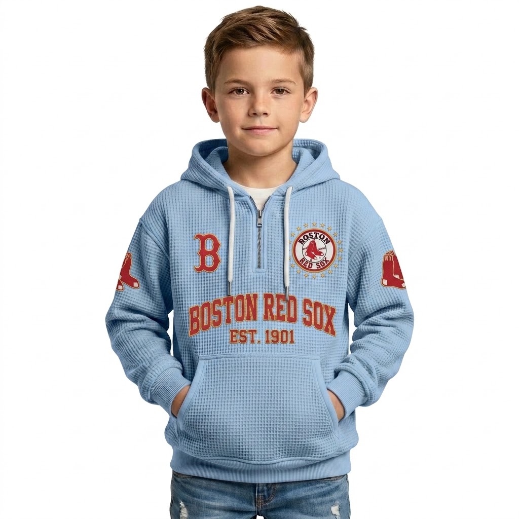 Boston Red Sox EST 1901 Printed Waffle Quarter Zip Baseball Fan Hoodie For Kids