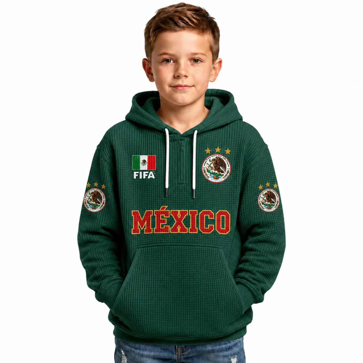 FIFA 2026 Mexico Printed Waffle Quarter Zip Football Fan Hoodie For Kids