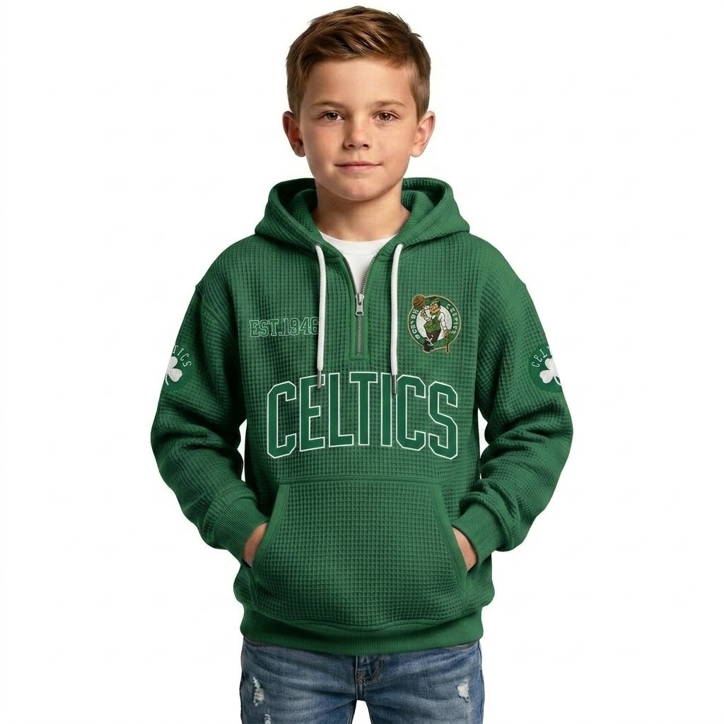 Boston Celtics EST 1946 Printed Waffle Quarter Zip Basketball Fan Hoodie For Kids