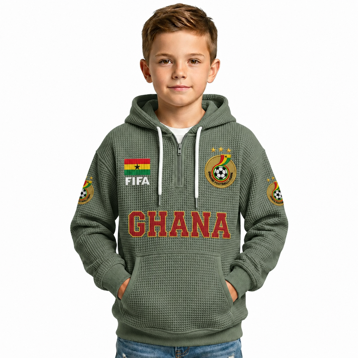 FIFA 2026 Ghana Printed Waffle Quarter Zip Football Fan Hoodie For Kids
