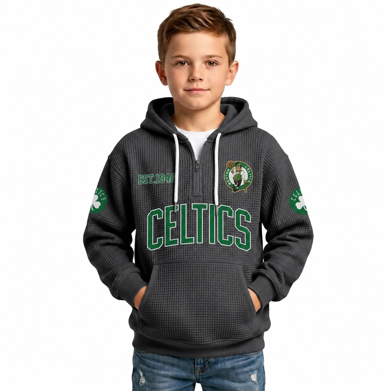Boston Celtics EST 1946 Printed Waffle Quarter Zip Basketball Fan Hoodie For Kids