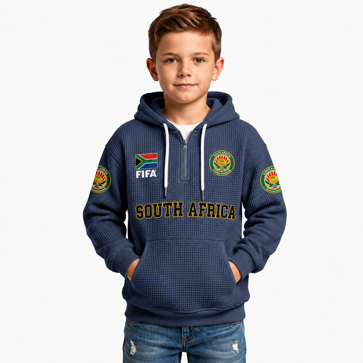 FIFA 2026 South Africa Printed Waffle Quarter Zip Football Fan Hoodie For Kids
