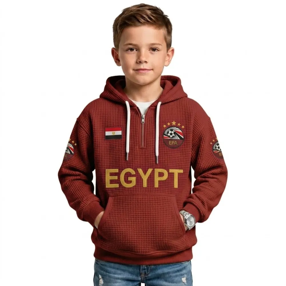 Egypt Printed Waffle Quarter Zip Football Fan Hoodie For Kids