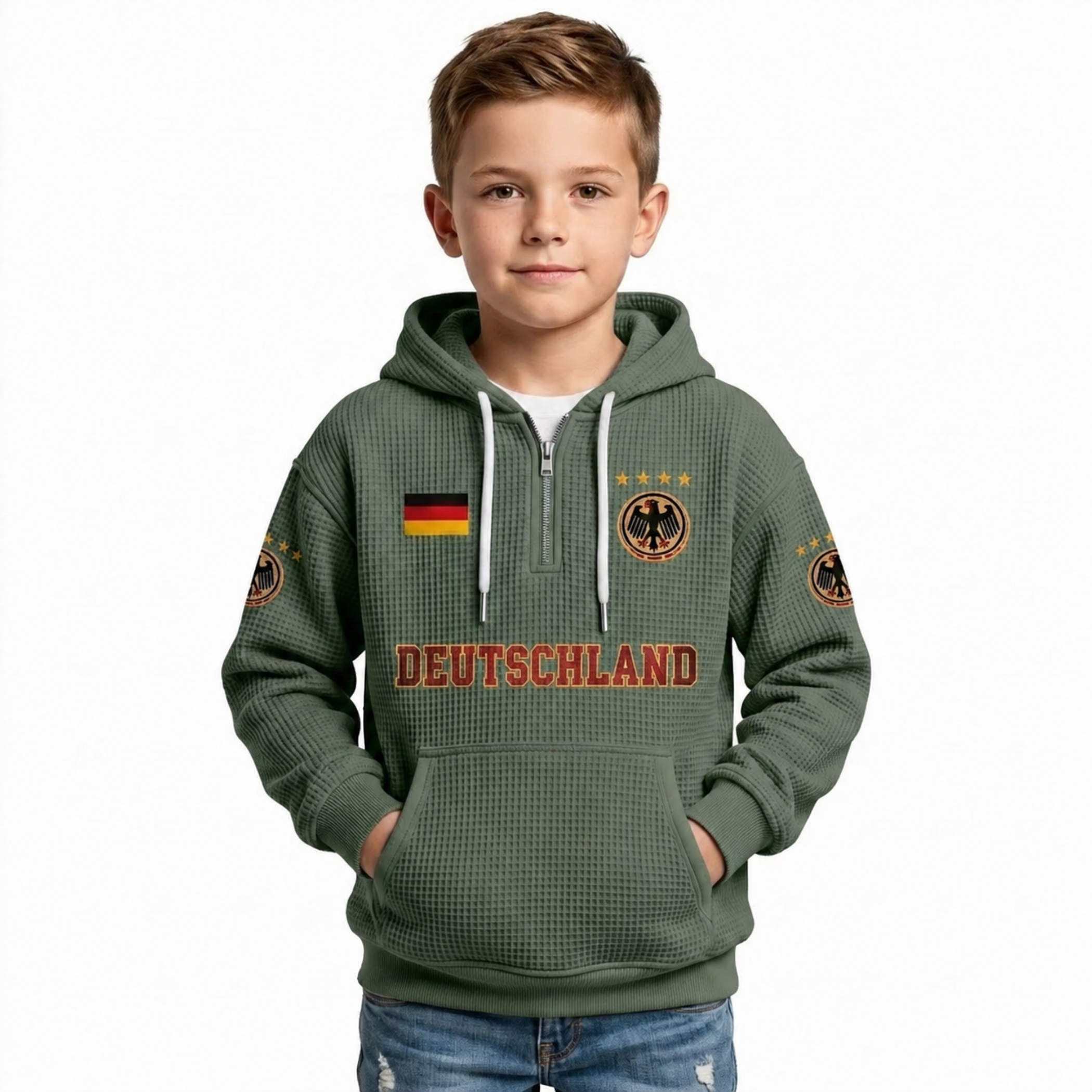Germany Printed Waffle Quarter Zip Football Fan Hoodie For Kids
