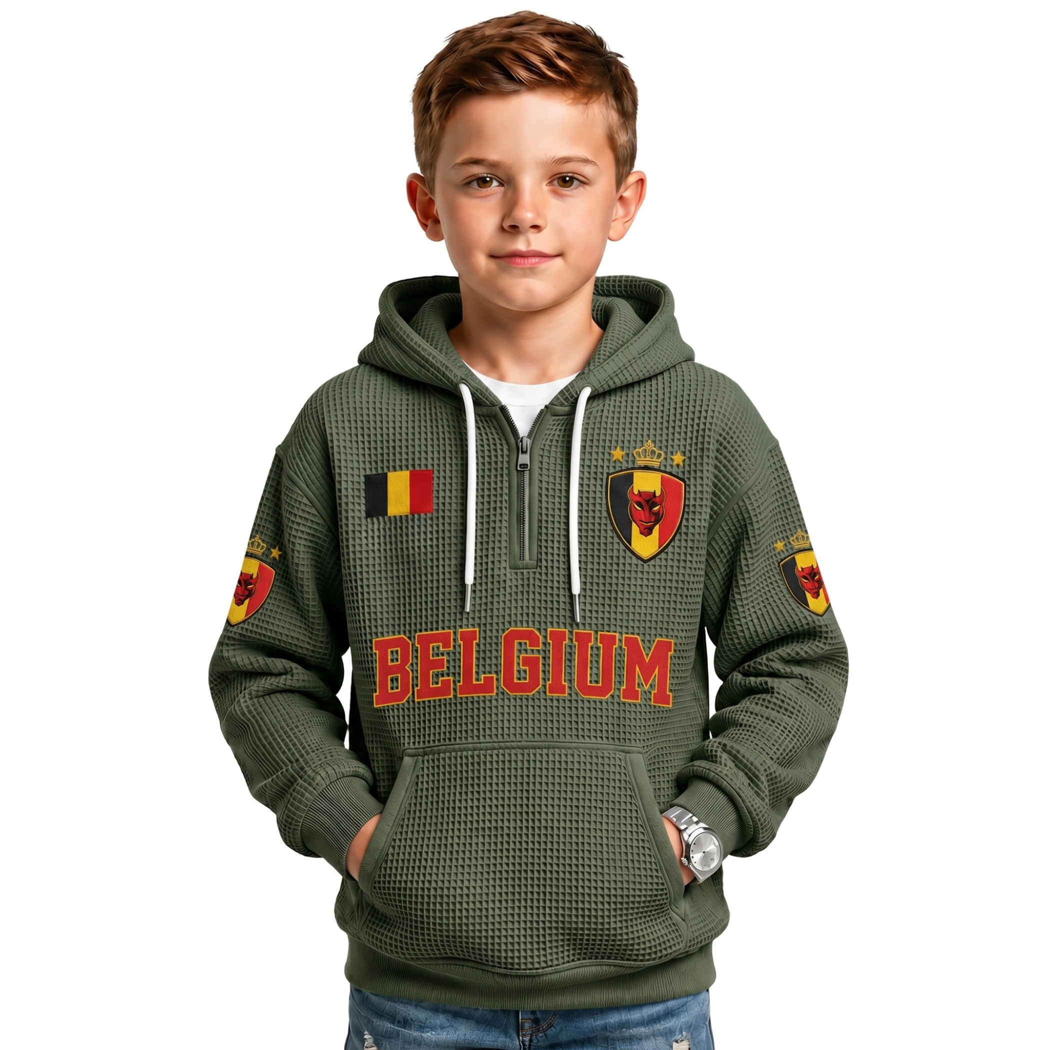 Belgium Printed Waffle Quarter Zip Football Fan Hoodie For Kids
