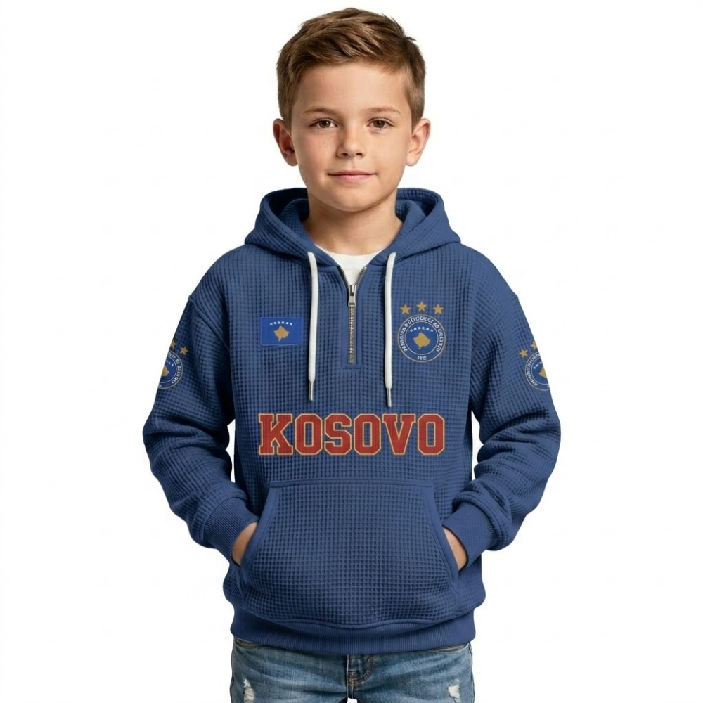 Kosovo Printed Waffle Quarter Zip Football Fan Hoodie For Kids