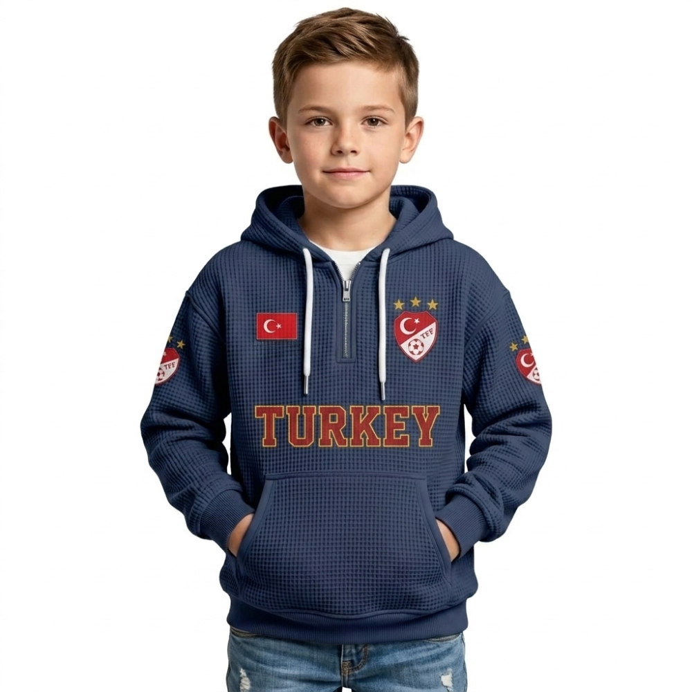 Turkey Printed Waffle Quarter Zip Football Fan Hoodie For Kids