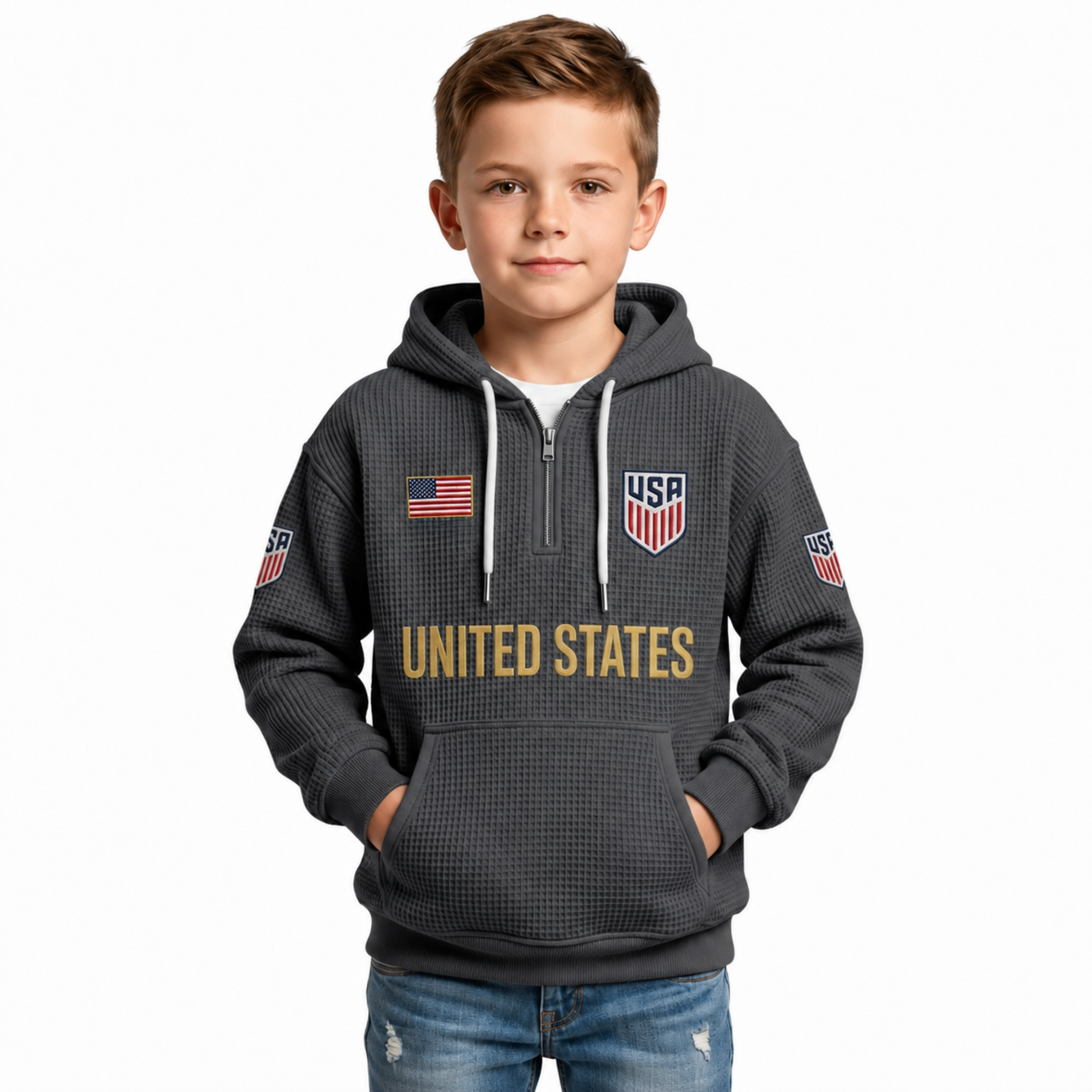 United States Printed Waffle Quarter Zip Football Fan Hoodie For Kids