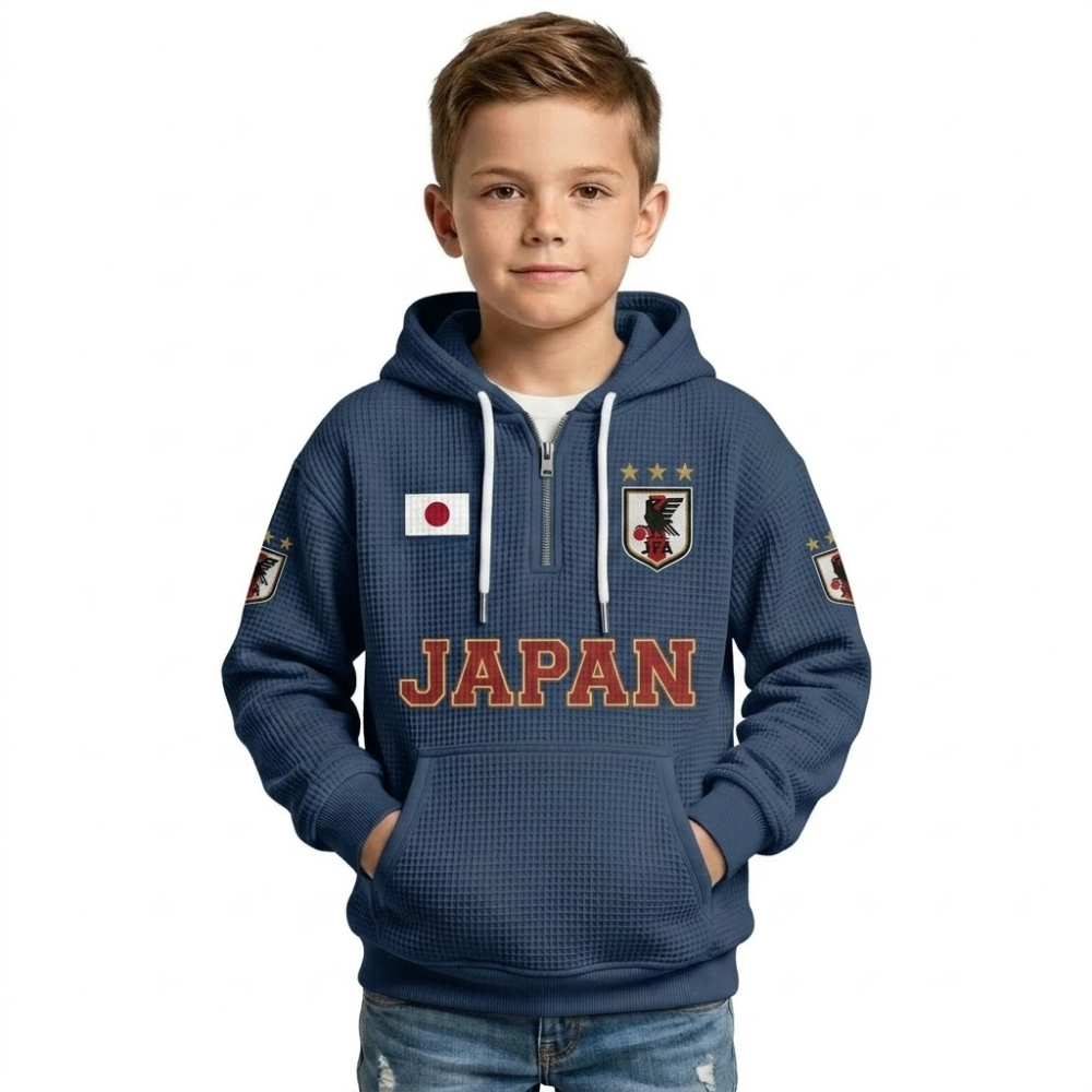 Japan Printed Waffle Quarter Zip Football Fan Hoodie For Kids