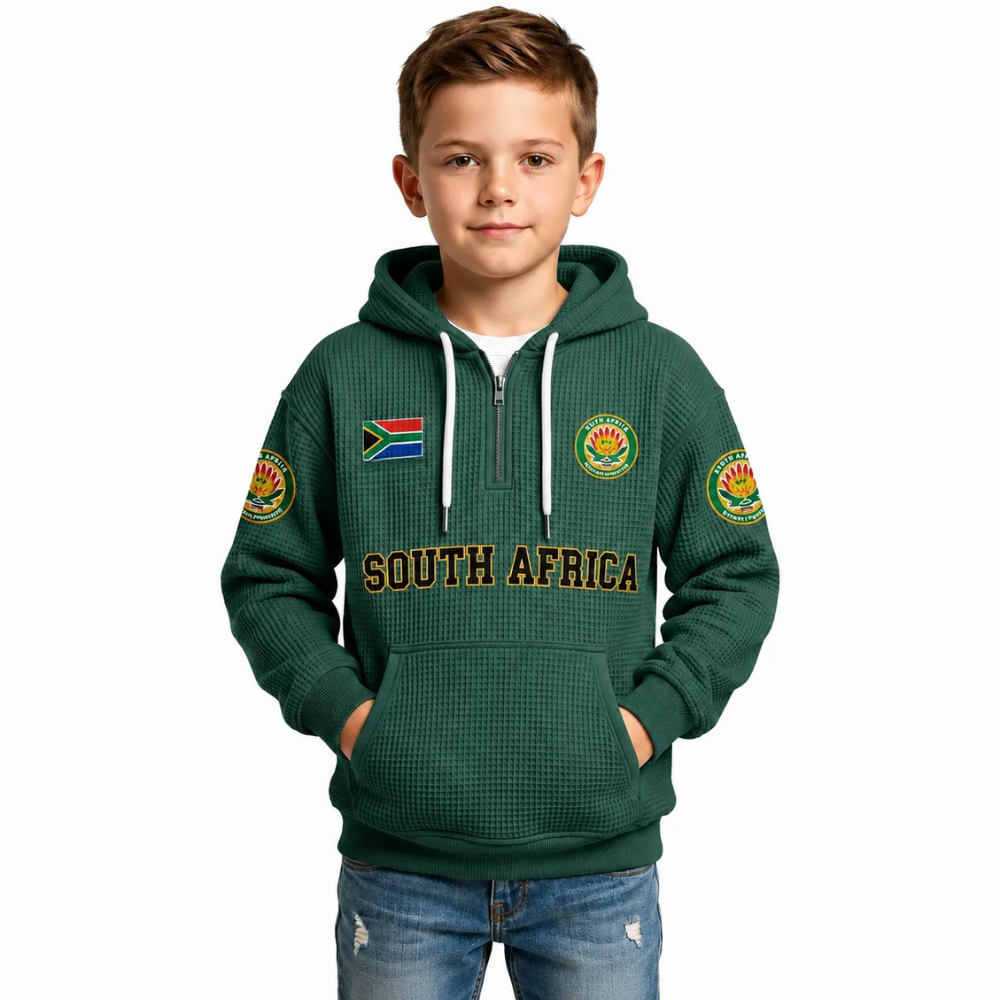South Africa Printed Waffle Quarter Zip Football Fan Hoodie For Kids
