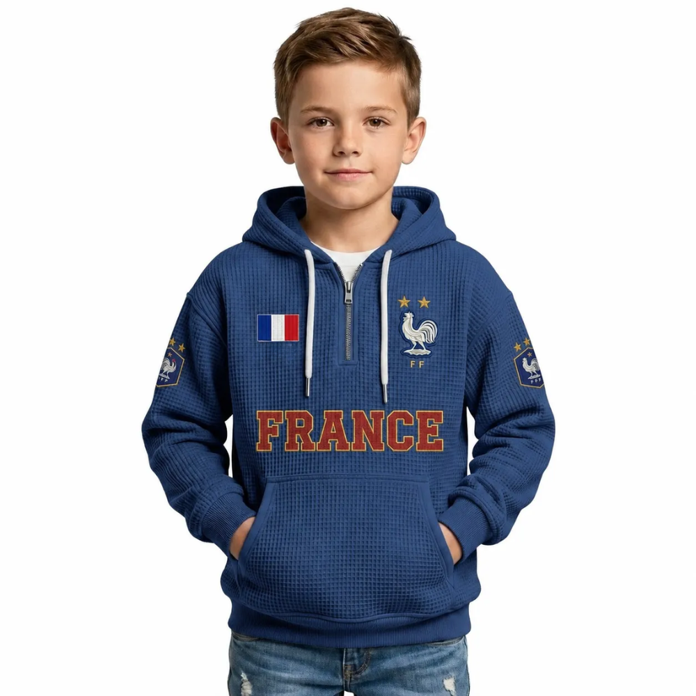 France Printed Waffle Quarter Zip Football Fan Hoodie For Kids