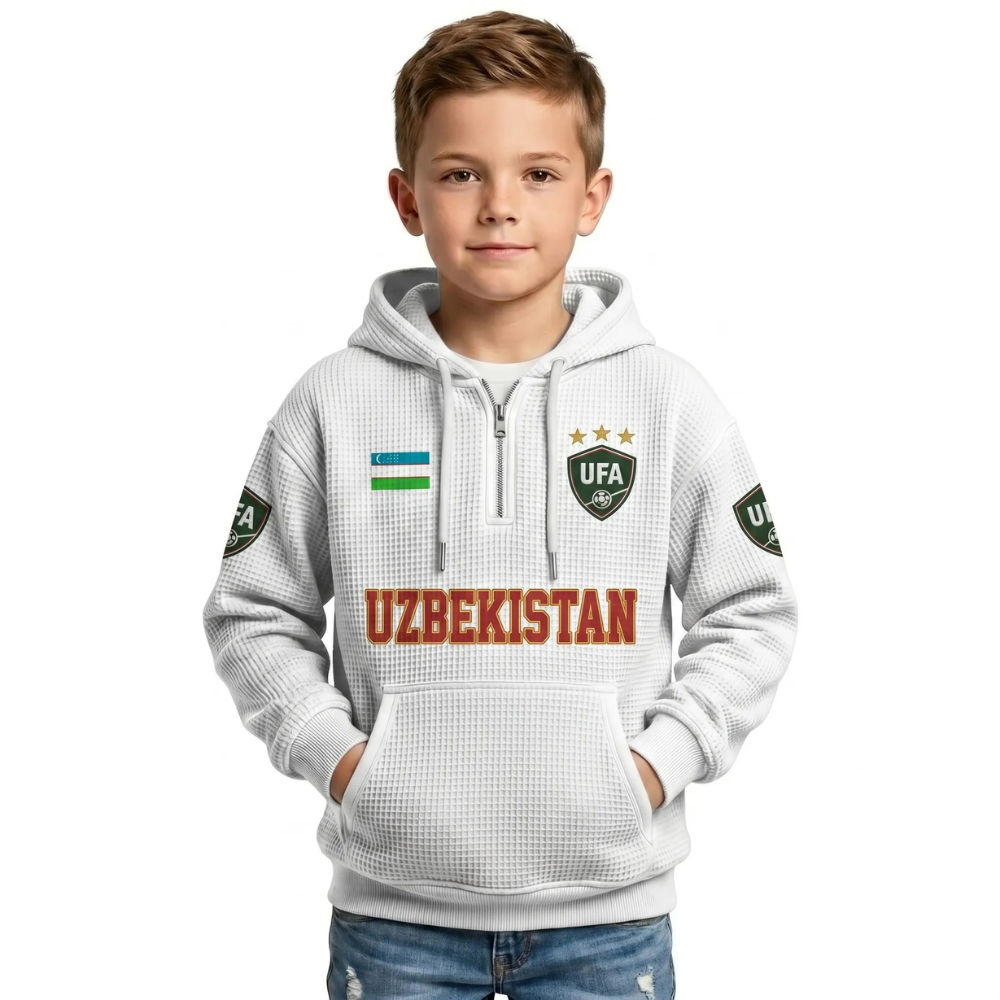 Uzbekistan Printed Waffle Quarter Zip Football Fan Hoodie For Kids