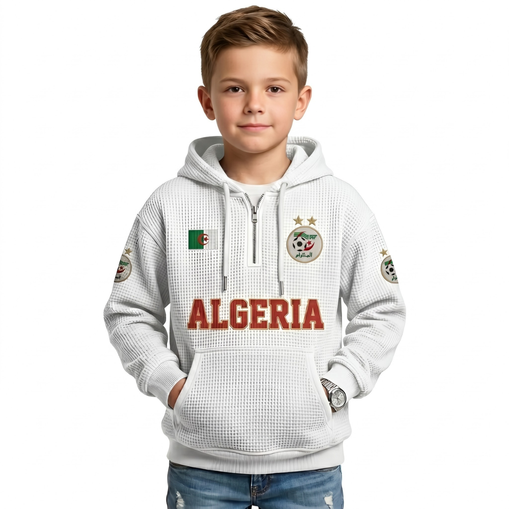 Algeria Printed Waffle Quarter Zip Football Fan Hoodie For Kids
