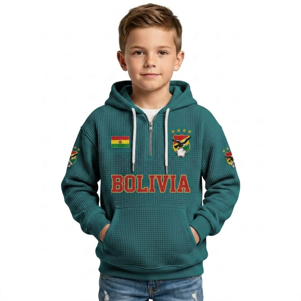 Bolivia Printed Waffle Quarter Zip Football Fan Hoodie For Kids