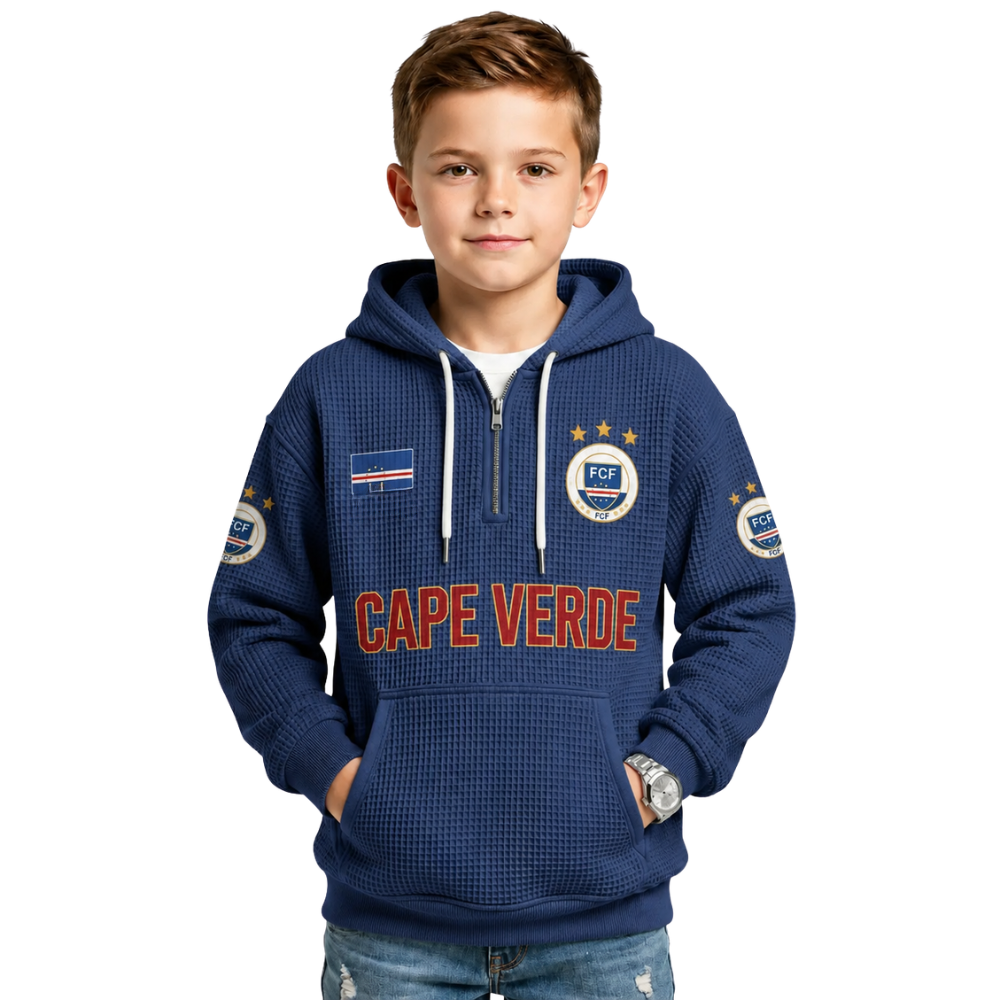 Cape Verde Printed Waffle Quarter Zip Football Fan Hoodie For Kids