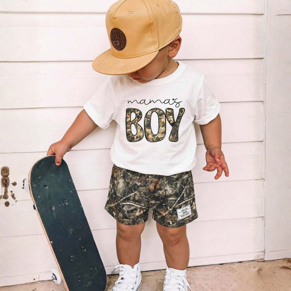 Two Piece Short Sleeve Slogan T Shirt And Camo Shorts Set For Babies