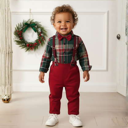 Two Piece Set With Plaid Shirt And Long Pants For Boys