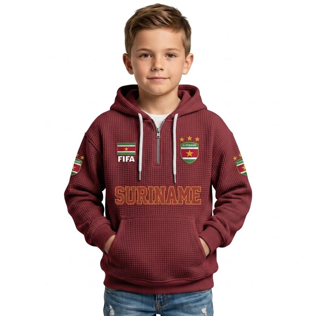 FIFA 2026 Suriname Printed Waffle Quarter Zip Football Fan Hoodie For Kids