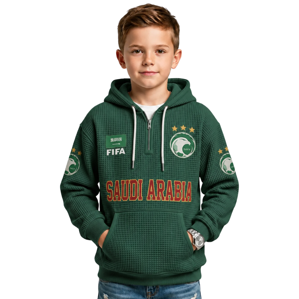 FIFA 2026 Saudi Arabia Printed Waffle Quarter Zip Football Fan Hoodie For Kids