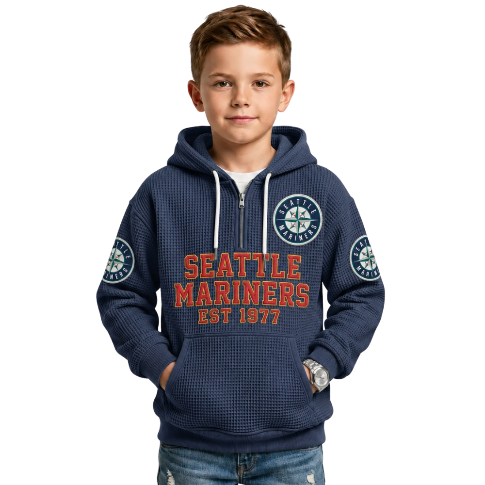 Seattle Mariners EST 1977 Printed Waffle Quarter Zip Baseball Fan Hoodie For Kids