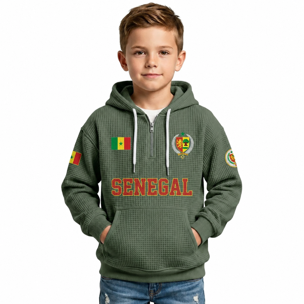 Senegal Printed Waffle Quarter Zip Football Fan Hoodie For Kids