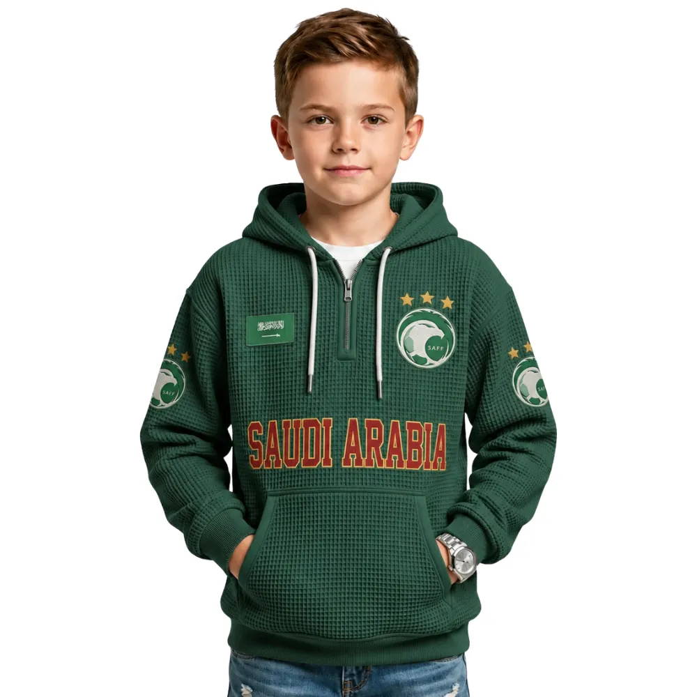 Saudi Arabia Printed Waffle Quarter Zip Football Fan Hoodie For Kids