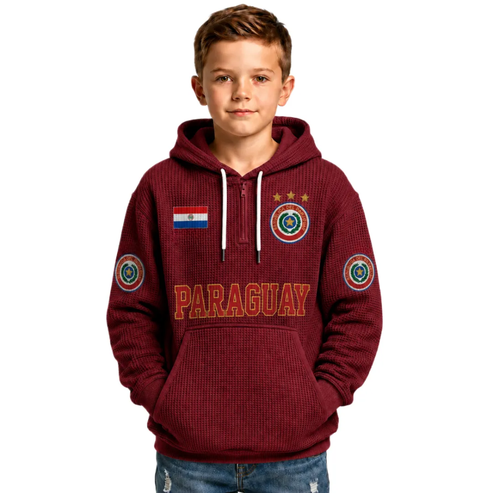 Paraguay Printed Waffle Quarter Zip Football Fan Hoodie For Kids