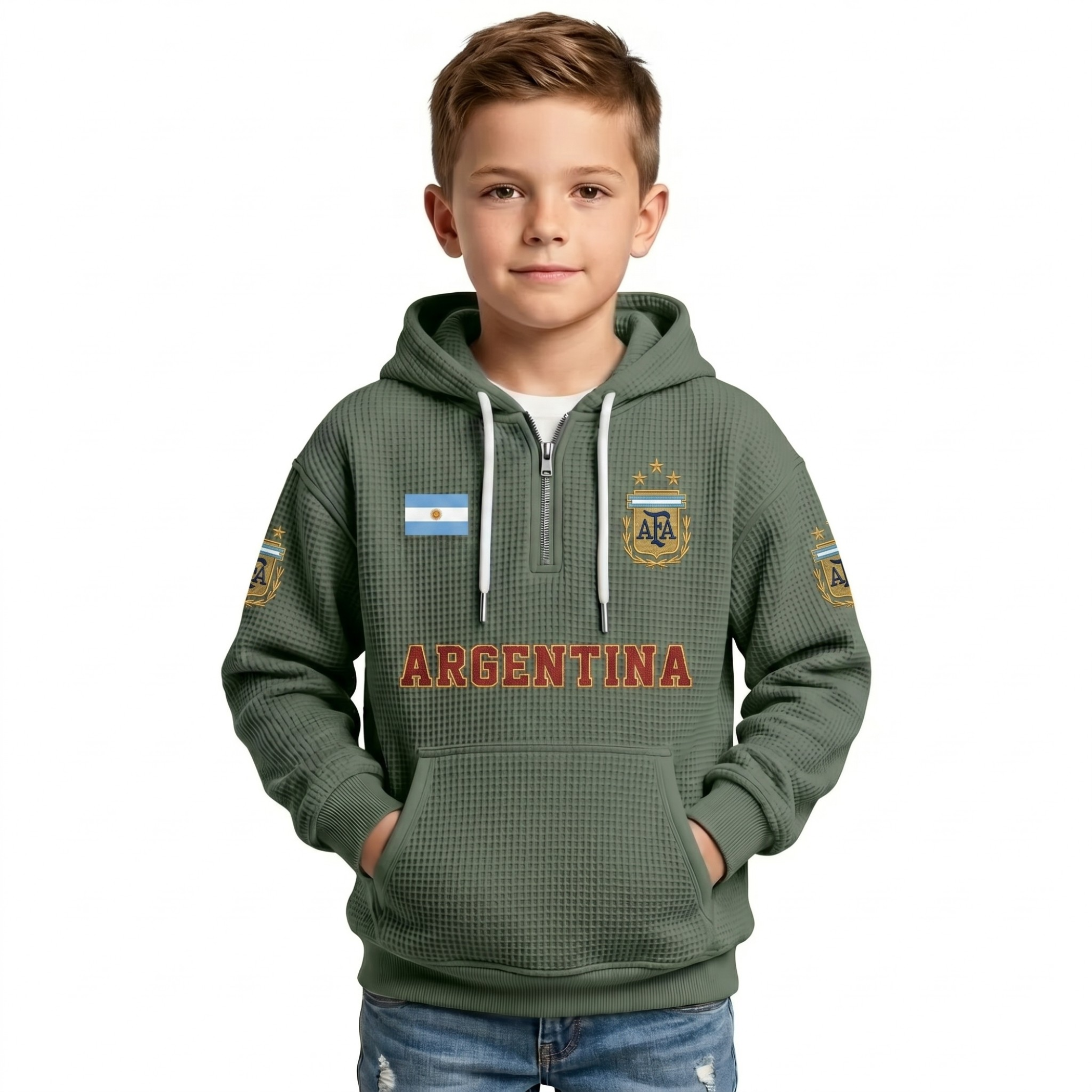 Argentina Printed Waffle Quarter Zip Football Fan Hoodie For Kids