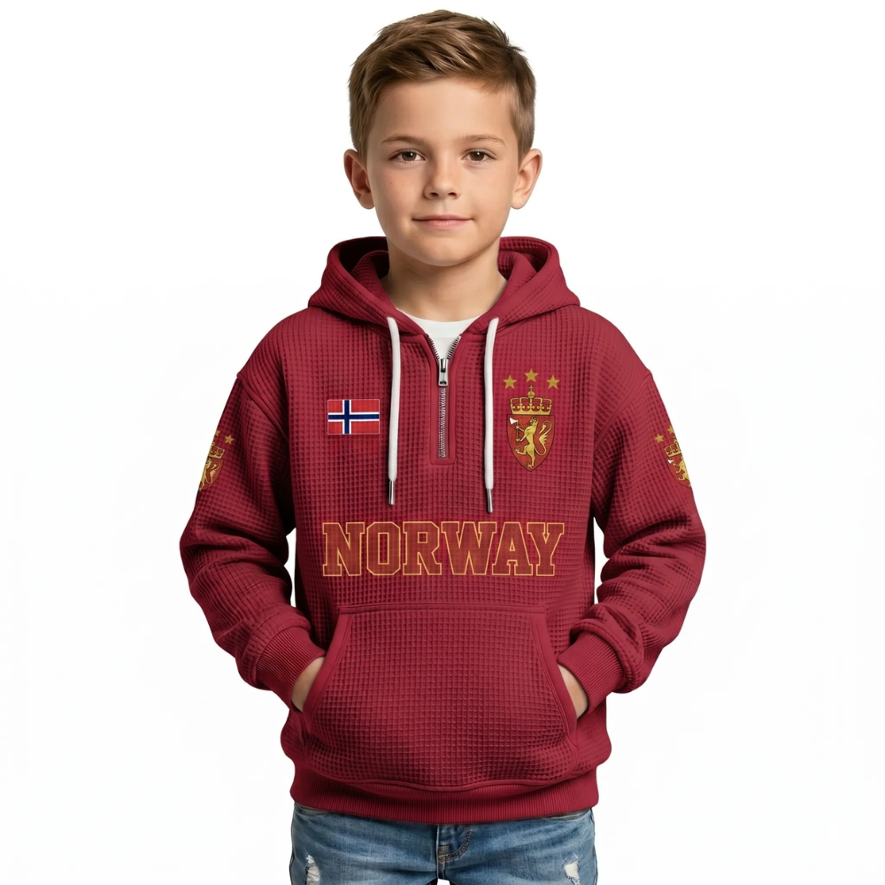 Norway Printed Waffle Quarter Zip Football Fan Hoodie For Kids