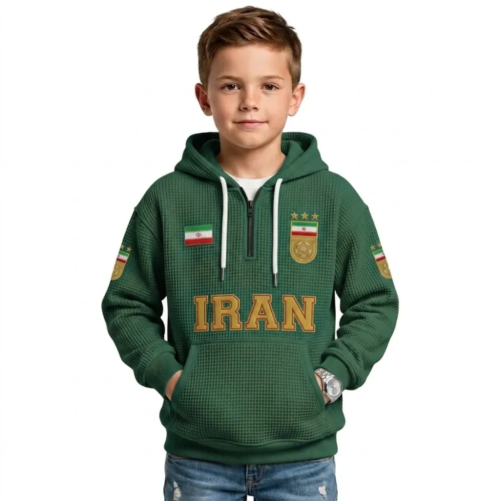 Iran Printed Waffle Quarter Zip Football Fan Hoodie For Kids