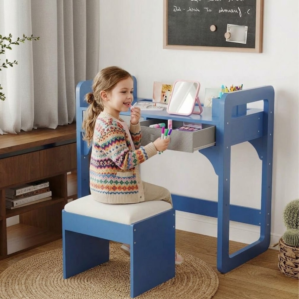 Kids Study Desk And Chair Set With Storage Drawer Soft Stool