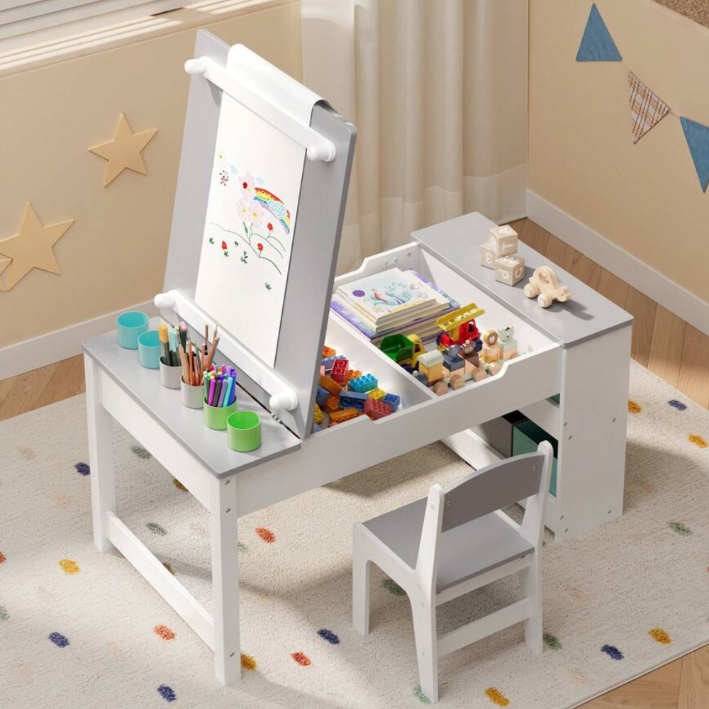 Multipurpose Kids Play Table And Chair Set With Built In Storage Shelves