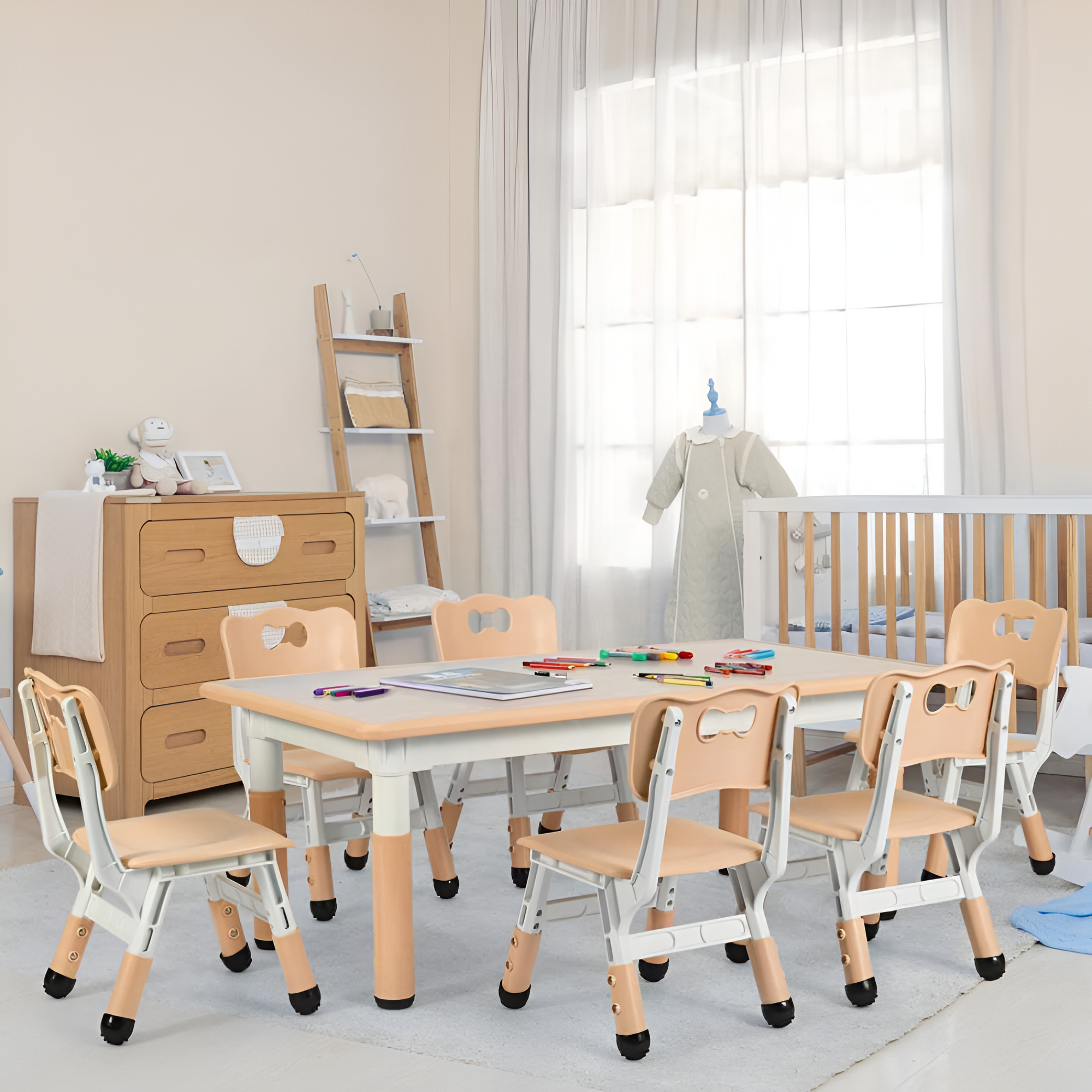 Kids Table And 6 Chairs Set Height Adjustable Table Preschool Activity Art Craft Table