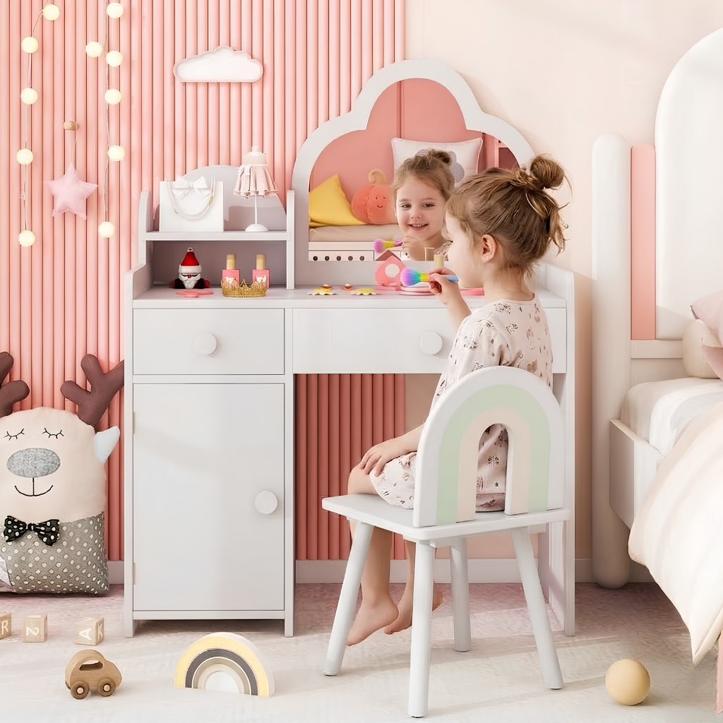 Kids Vanity Table Chair Cloud Shaped Mirror Open Shelf 