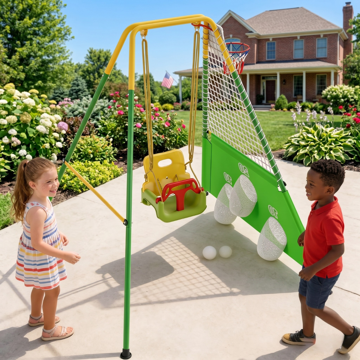 Three In One Toddler Swing Set Basketball Hoop Soccer Goals Foldable Metal Stand For Kids