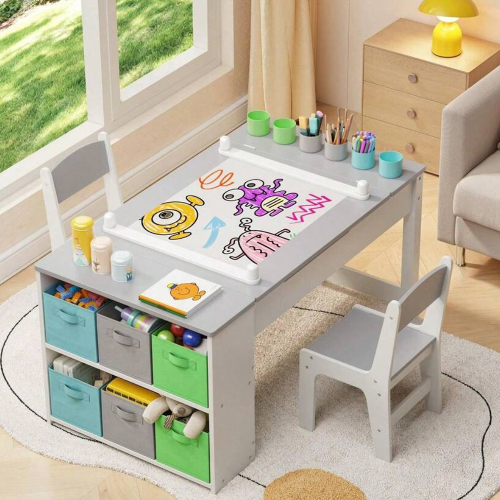 Multipurpose Kids Play Table And Chair Set With Built In Storage Shelves
