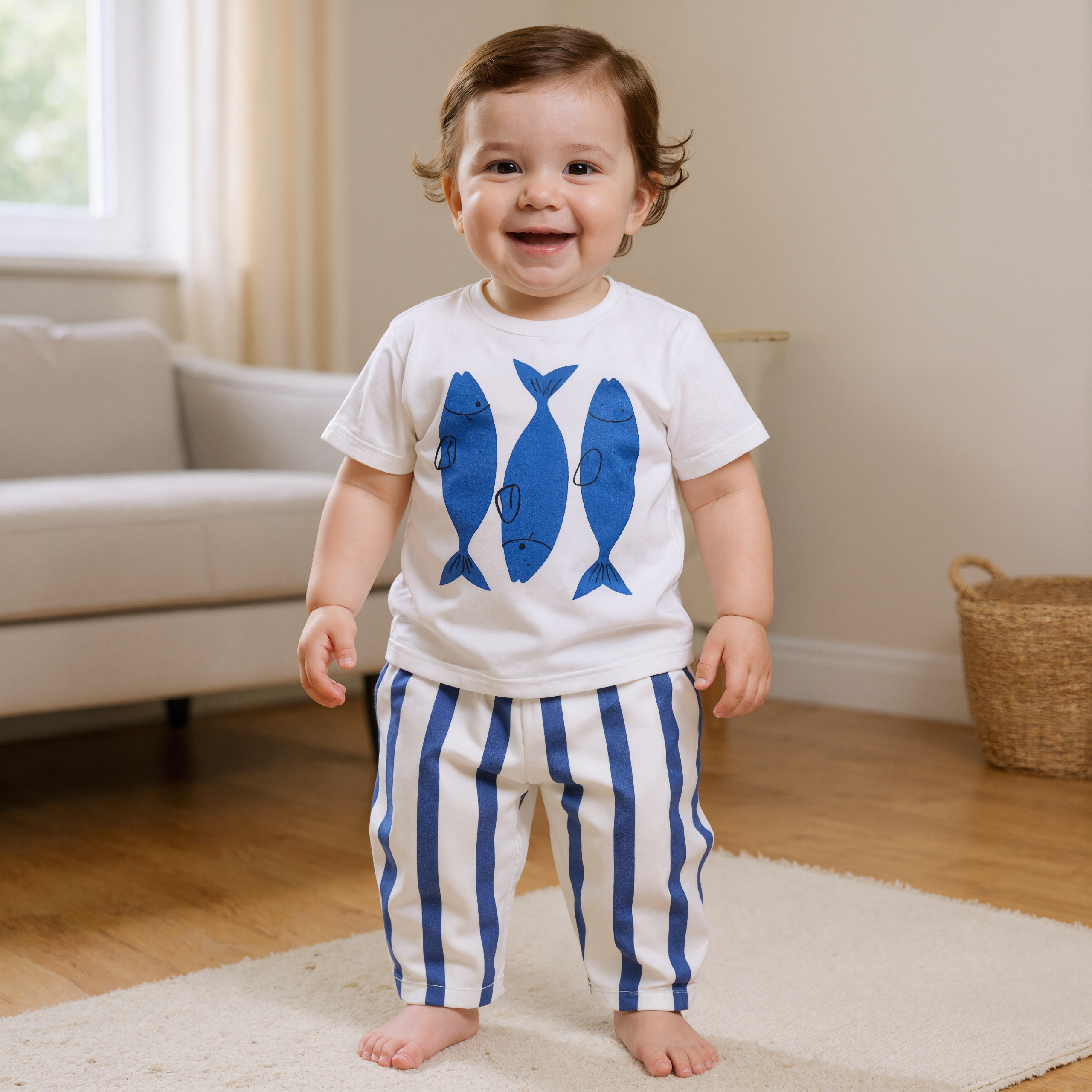 Baby Blue Fish Print Vertical Striped 2 Piece Outfit Set
