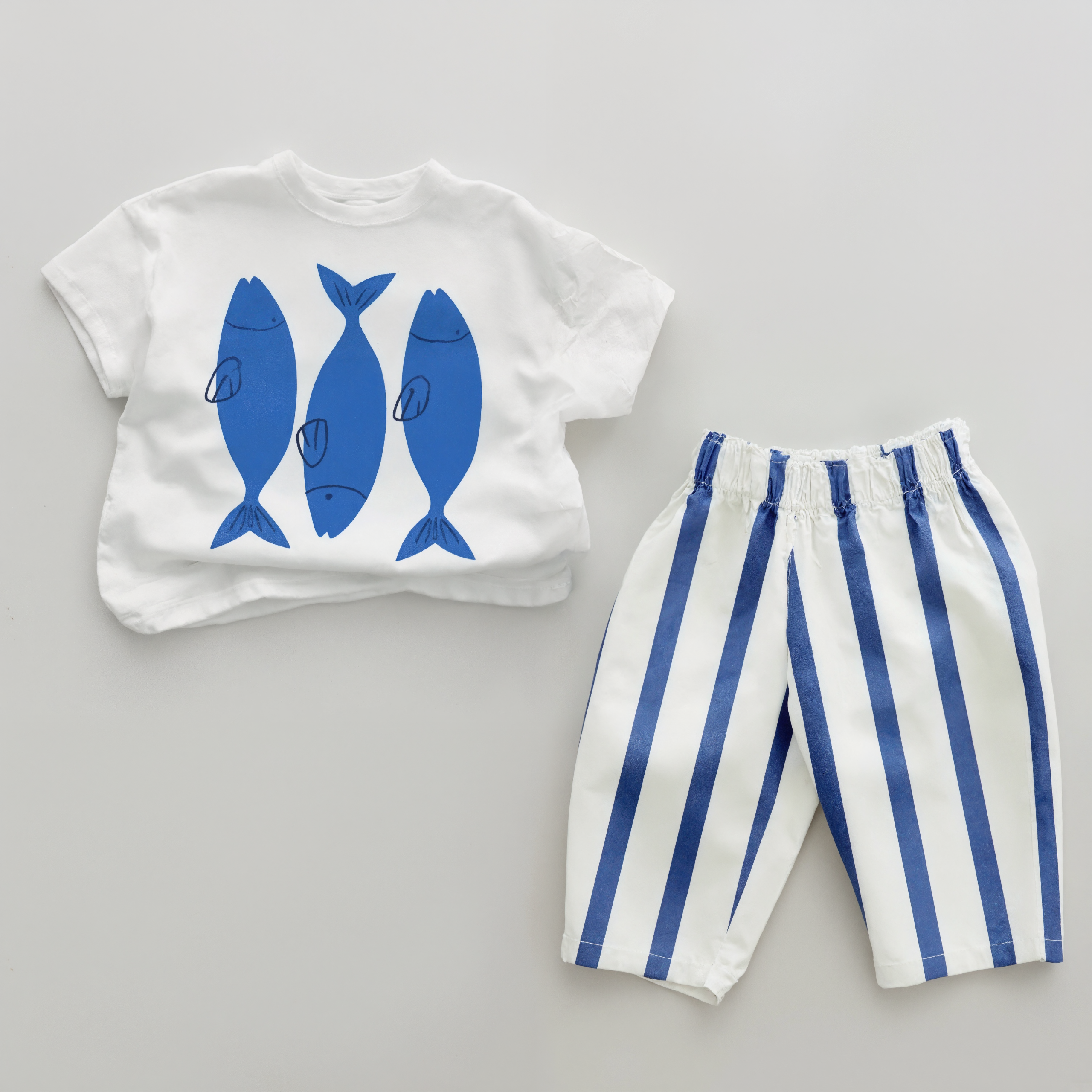 Baby Blue Fish Print Vertical Striped 2 Piece Outfit Set