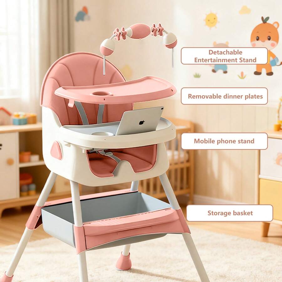 Foldable Adjustable Recline Footrest High Chair With Double Tray And Locking Wheels Gift For Kids