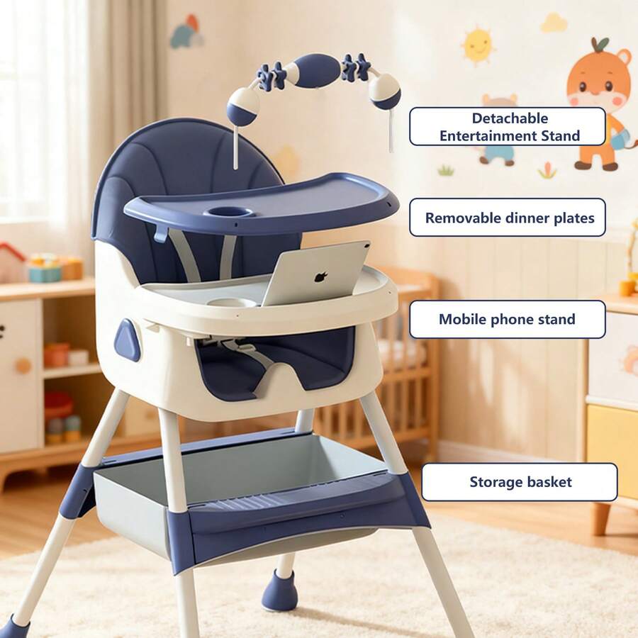 Foldable Adjustable Recline Footrest High Chair With Double Tray And Locking Wheels Gift For Kids