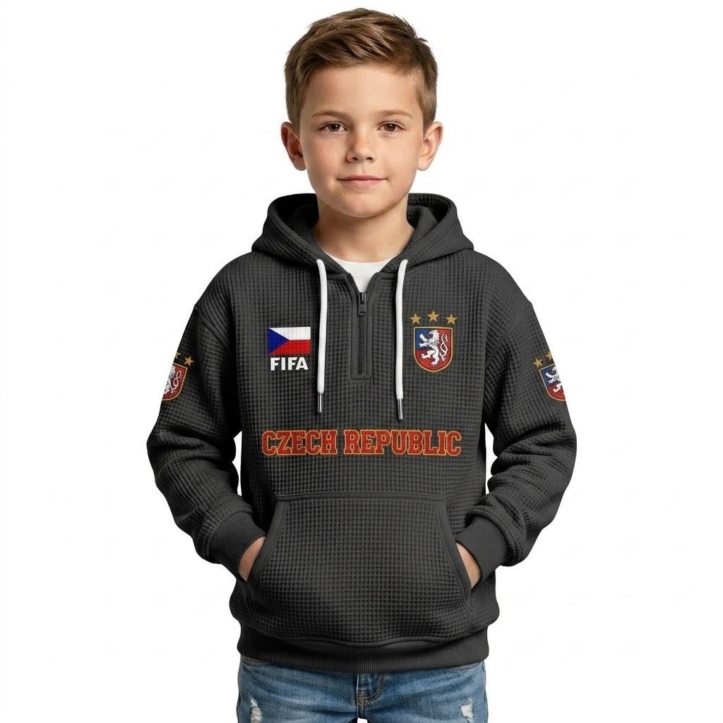 FIFA 2026 Czech Republic Printed Waffle Quarter Zip Football Fan Hoodie For Kids