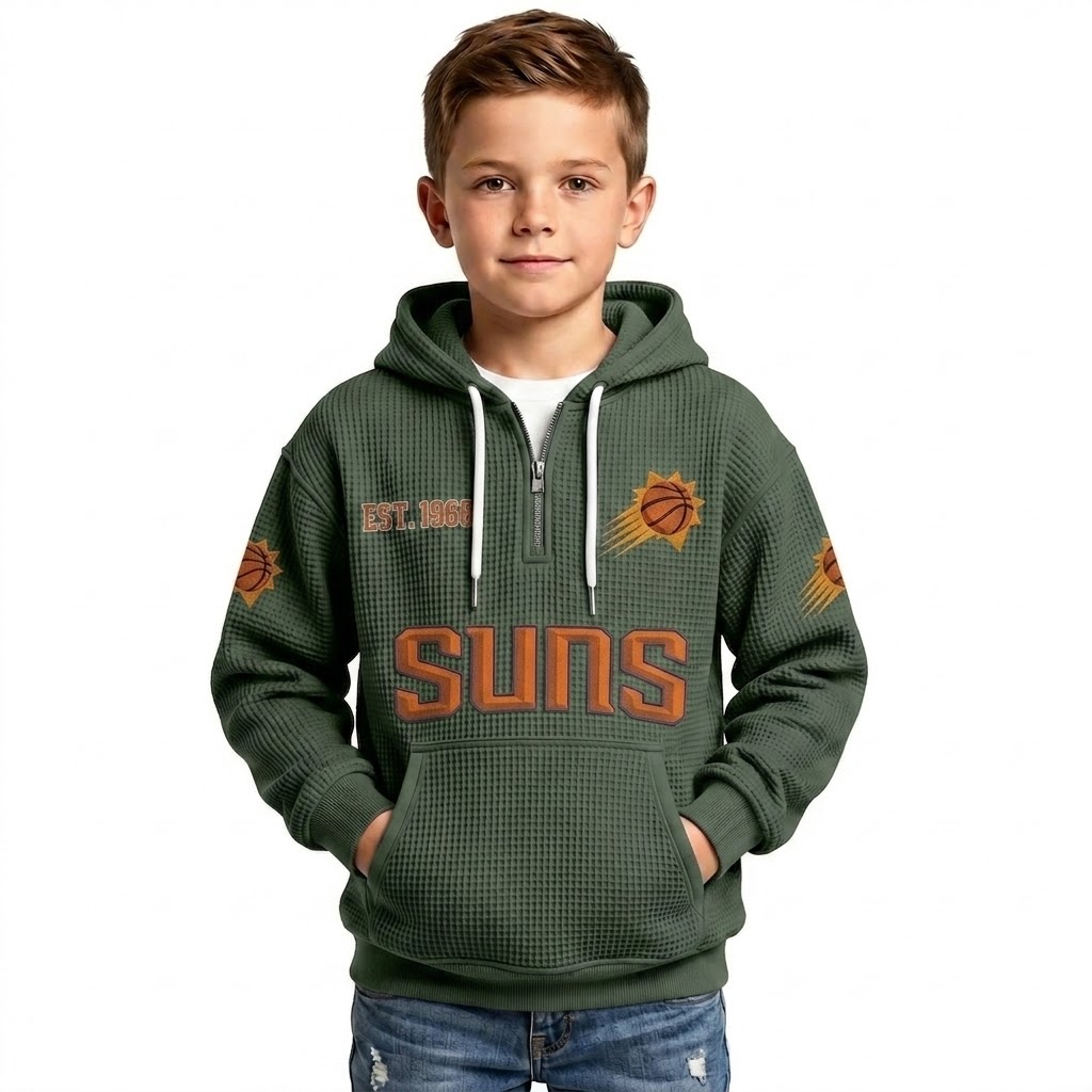 Phoenix Suns EST 1968 Printed Waffle Quarter Zip Basketball Fan Hoodie For Kids
