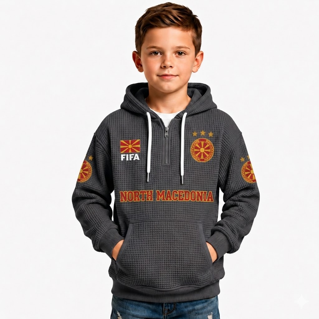 FIFA 2026 North Macedonia Printed Waffle Quarter Zip Football Fan Hoodie For Kids